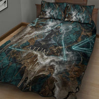 Atum Quilt Bed Set Ancient Egyptian Teal Marble Smoke, Solar Barque Crown, Creator Deity Statue - Wonder Print Shop