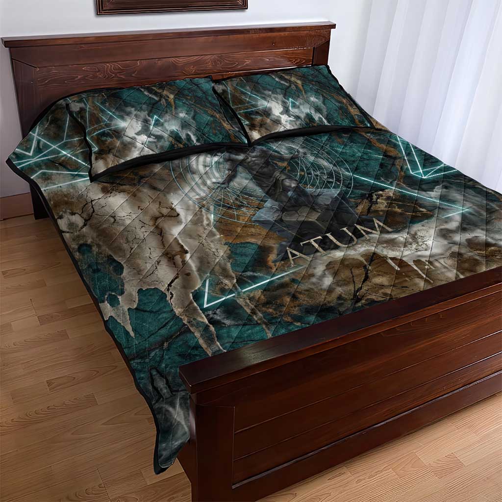 Atum Quilt Bed Set Ancient Egyptian Teal Marble Smoke, Solar Barque Crown, Creator Deity Statue - Wonder Print Shop