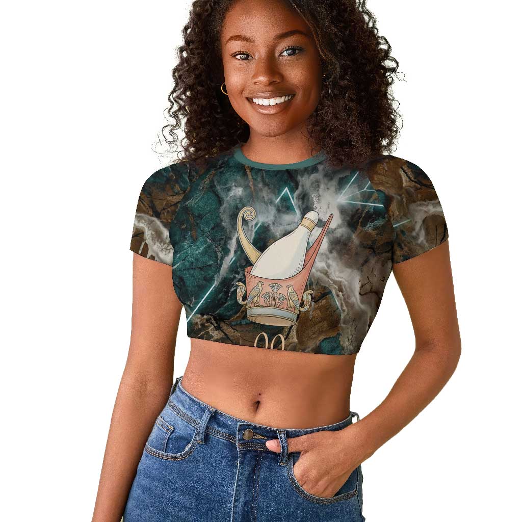 Atum Raglan Cropped T shirt Ancient Egyptian Teal Marble Smoke, Solar Barque Crown, Creator Deity Statue - Wonder Print Shop