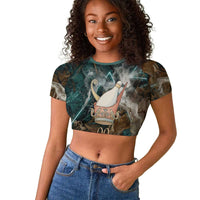 Atum Raglan Cropped T shirt Ancient Egyptian Teal Marble Smoke, Solar Barque Crown, Creator Deity Statue - Wonder Print Shop