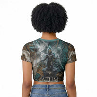 Atum Raglan Cropped T shirt Ancient Egyptian Teal Marble Smoke, Solar Barque Crown, Creator Deity Statue - Wonder Print Shop