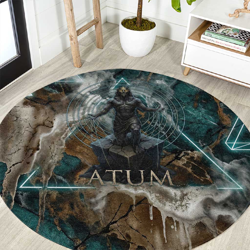 Atum Round Carpet Ancient Egyptian Teal Marble Smoke, Solar Barque Crown, Creator Deity Statue - Wonder Print Shop
