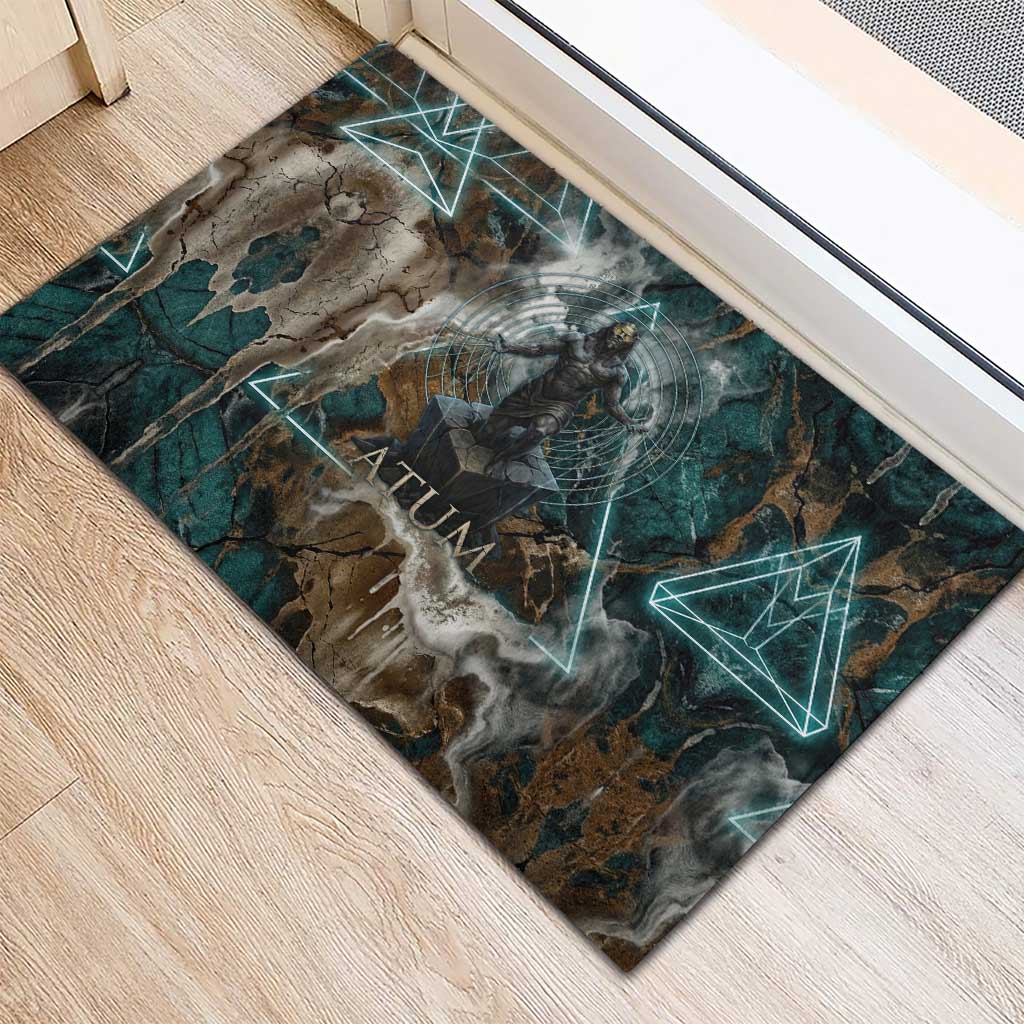 Atum Rubber Doormat Ancient Egyptian Teal Marble Smoke, Solar Barque Crown, Creator Deity Statue - Wonder Print Shop