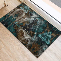 Atum Rubber Doormat Ancient Egyptian Teal Marble Smoke, Solar Barque Crown, Creator Deity Statue - Wonder Print Shop