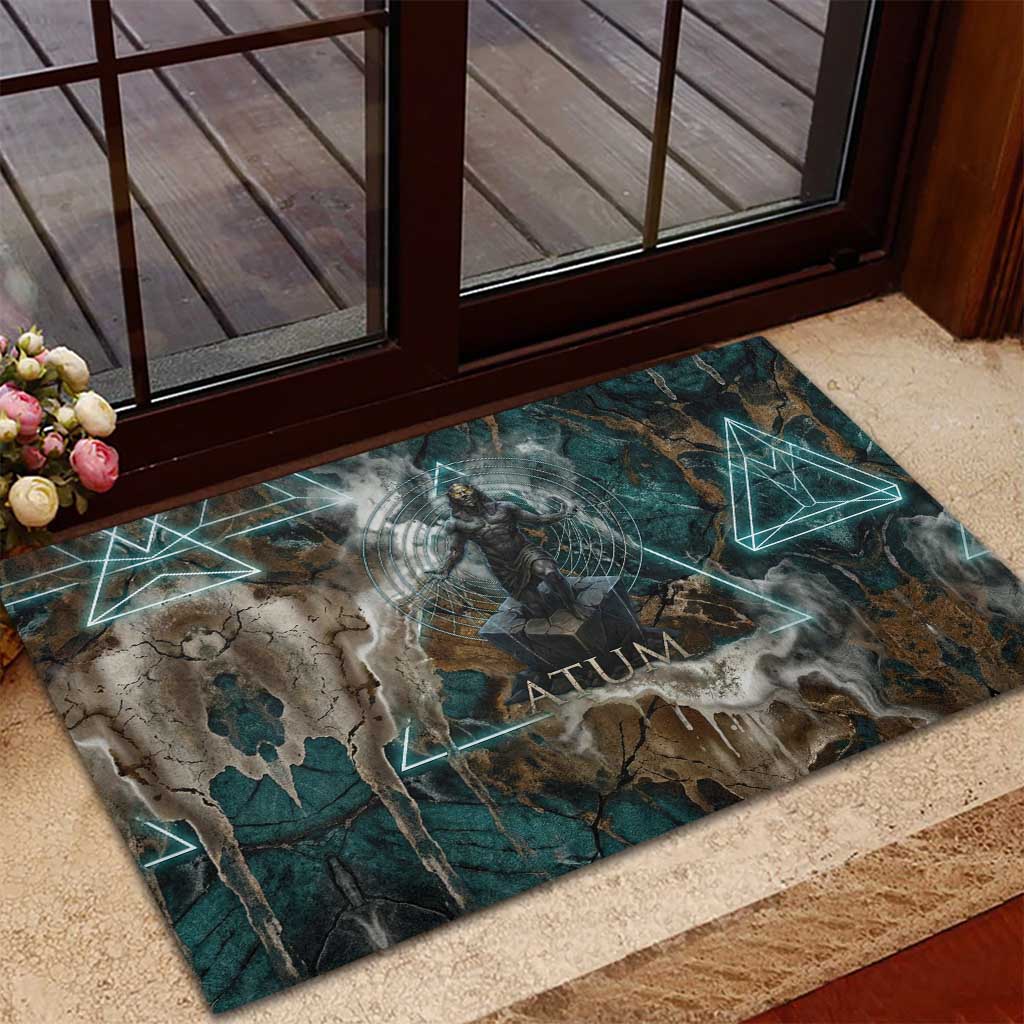 Atum Rubber Doormat Ancient Egyptian Teal Marble Smoke, Solar Barque Crown, Creator Deity Statue - Wonder Print Shop