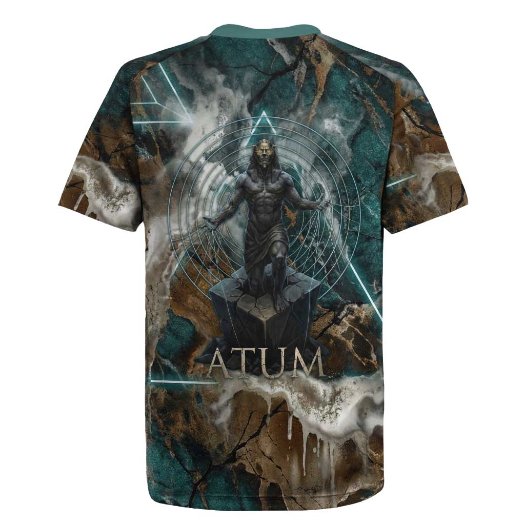 Atum Rugby Jersey Ancient Egyptian Teal Marble Smoke, Solar Barque Crown, Creator Deity Statue - Wonder Print Shop