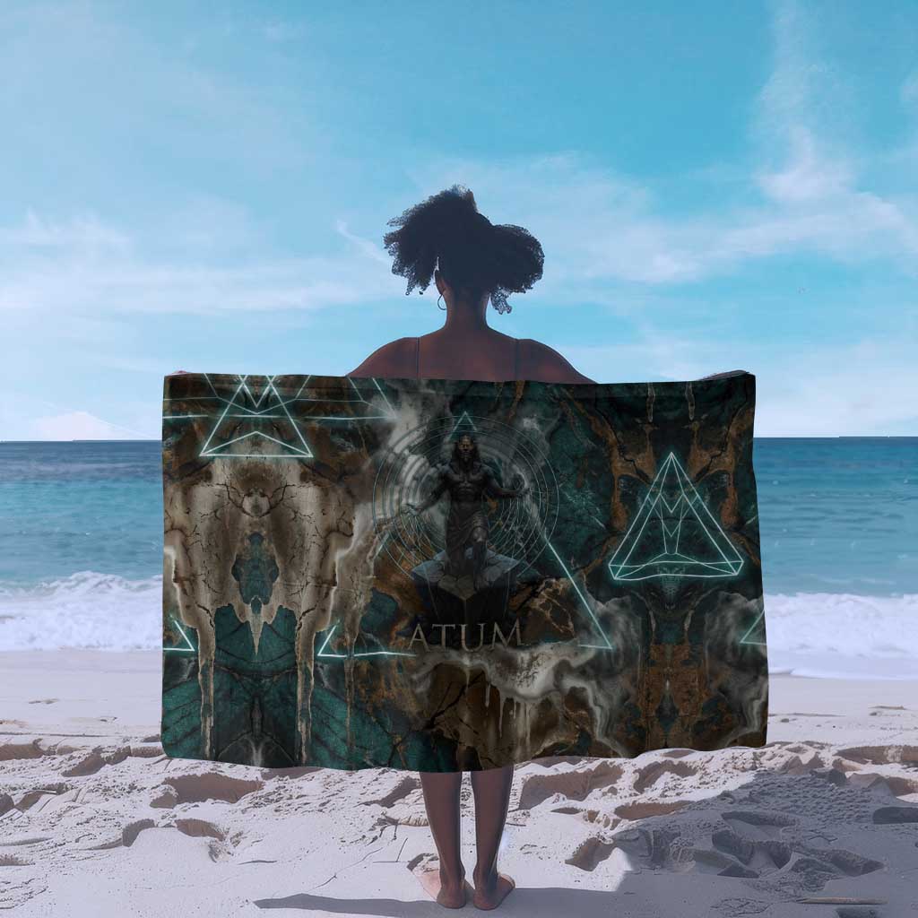 Atum Sarong Ancient Egyptian Teal Marble Smoke, Solar Barque Crown, Creator Deity Statue - Wonder Print Shop