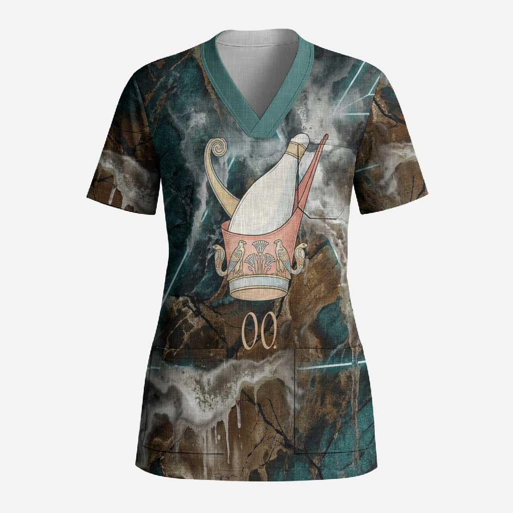 Atum Scrub Top Ancient Egyptian Teal Marble Smoke, Solar Barque Crown, Creator Deity Statue - Wonder Print Shop