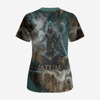Atum Scrub Top Ancient Egyptian Teal Marble Smoke, Solar Barque Crown, Creator Deity Statue - Wonder Print Shop