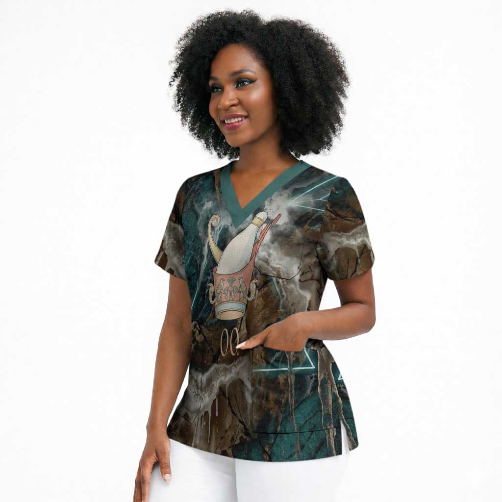 Atum Scrub Top Ancient Egyptian Teal Marble Smoke, Solar Barque Crown, Creator Deity Statue - Wonder Print Shop
