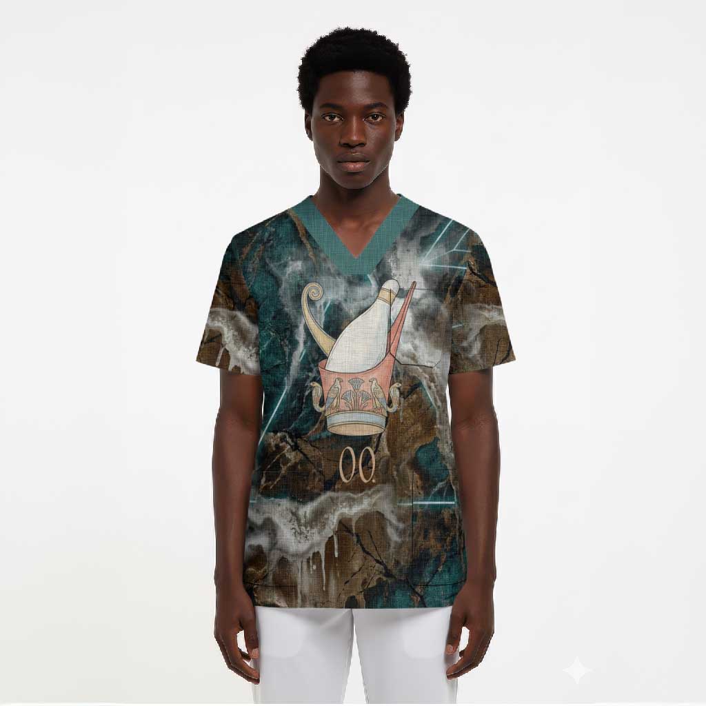 Atum Scrub Top Ancient Egyptian Teal Marble Smoke, Solar Barque Crown, Creator Deity Statue - Wonder Print Shop