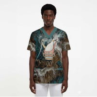 Atum Scrub Top Ancient Egyptian Teal Marble Smoke, Solar Barque Crown, Creator Deity Statue - Wonder Print Shop