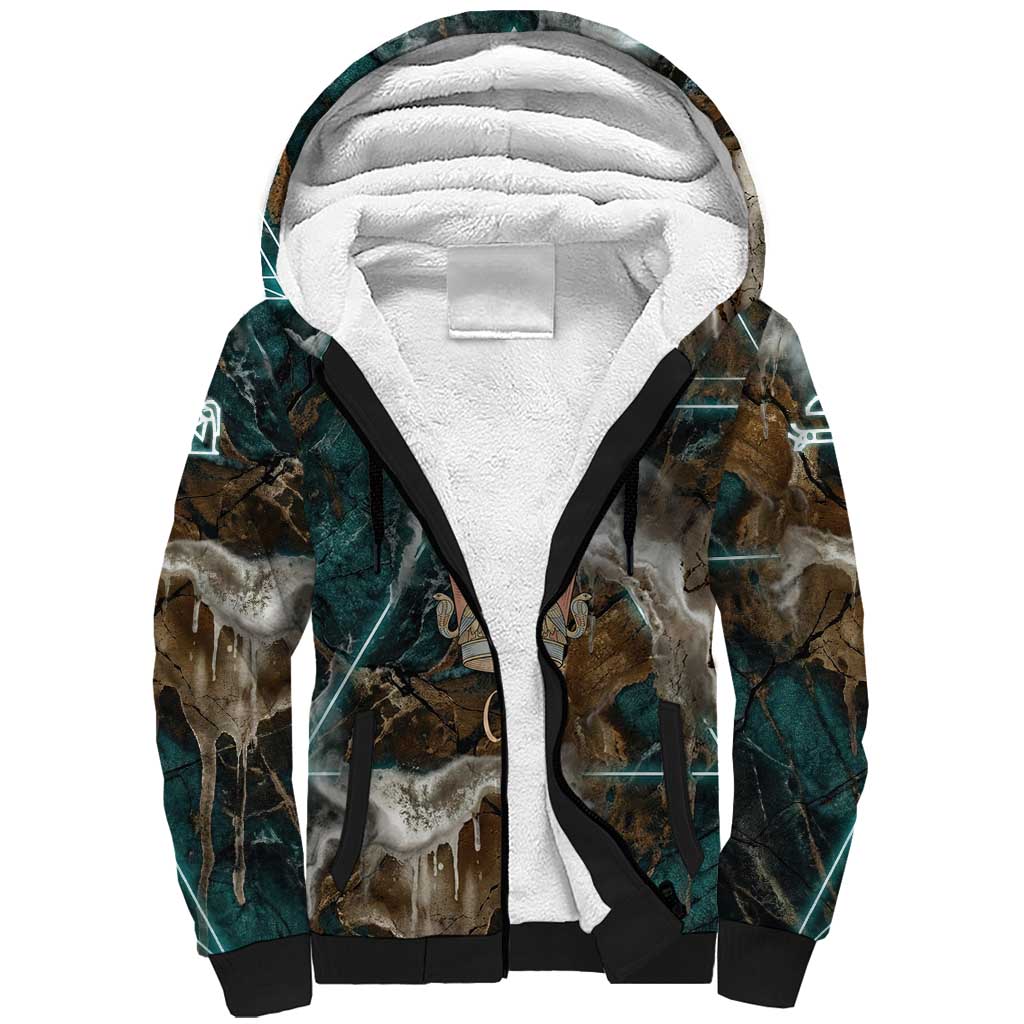 Atum Sherpa Hoodie Ancient Egyptian Teal Marble Smoke, Solar Barque Crown, Creator Deity Statue - Wonder Print Shop