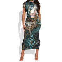 Atum Short Sleeve Bodycon Dress Ancient Egyptian Teal Marble Smoke, Solar Barque Crown, Creator Deity Statue - Wonder Print Shop