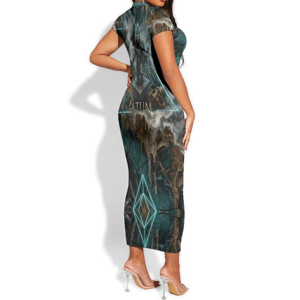 Atum Short Sleeve Bodycon Dress Ancient Egyptian Teal Marble Smoke, Solar Barque Crown, Creator Deity Statue - Wonder Print Shop
