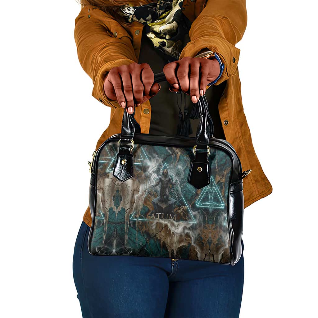 Atum Shoulder Handbag Ancient Egyptian Teal Marble Smoke, Solar Barque Crown, Creator Deity Statue - Wonder Print Shop