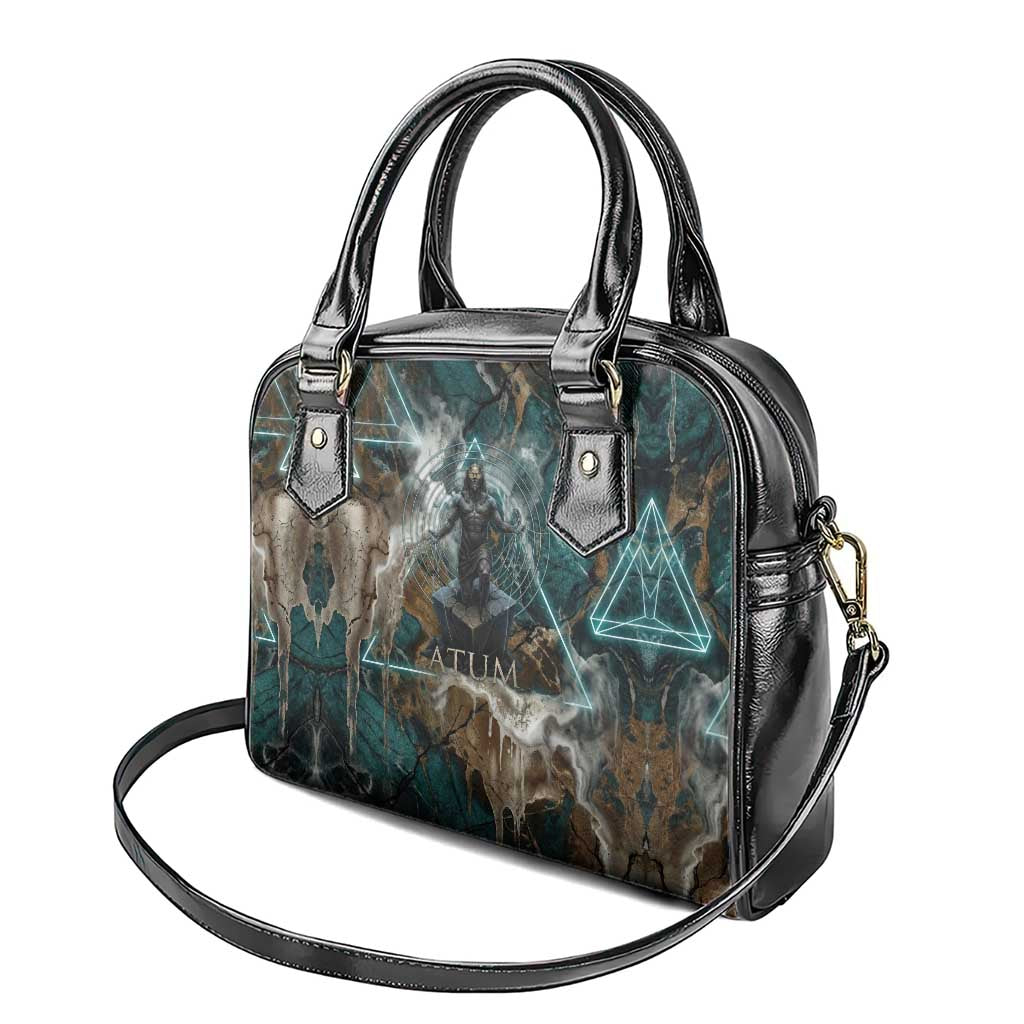 Atum Shoulder Handbag Ancient Egyptian Teal Marble Smoke, Solar Barque Crown, Creator Deity Statue - Wonder Print Shop