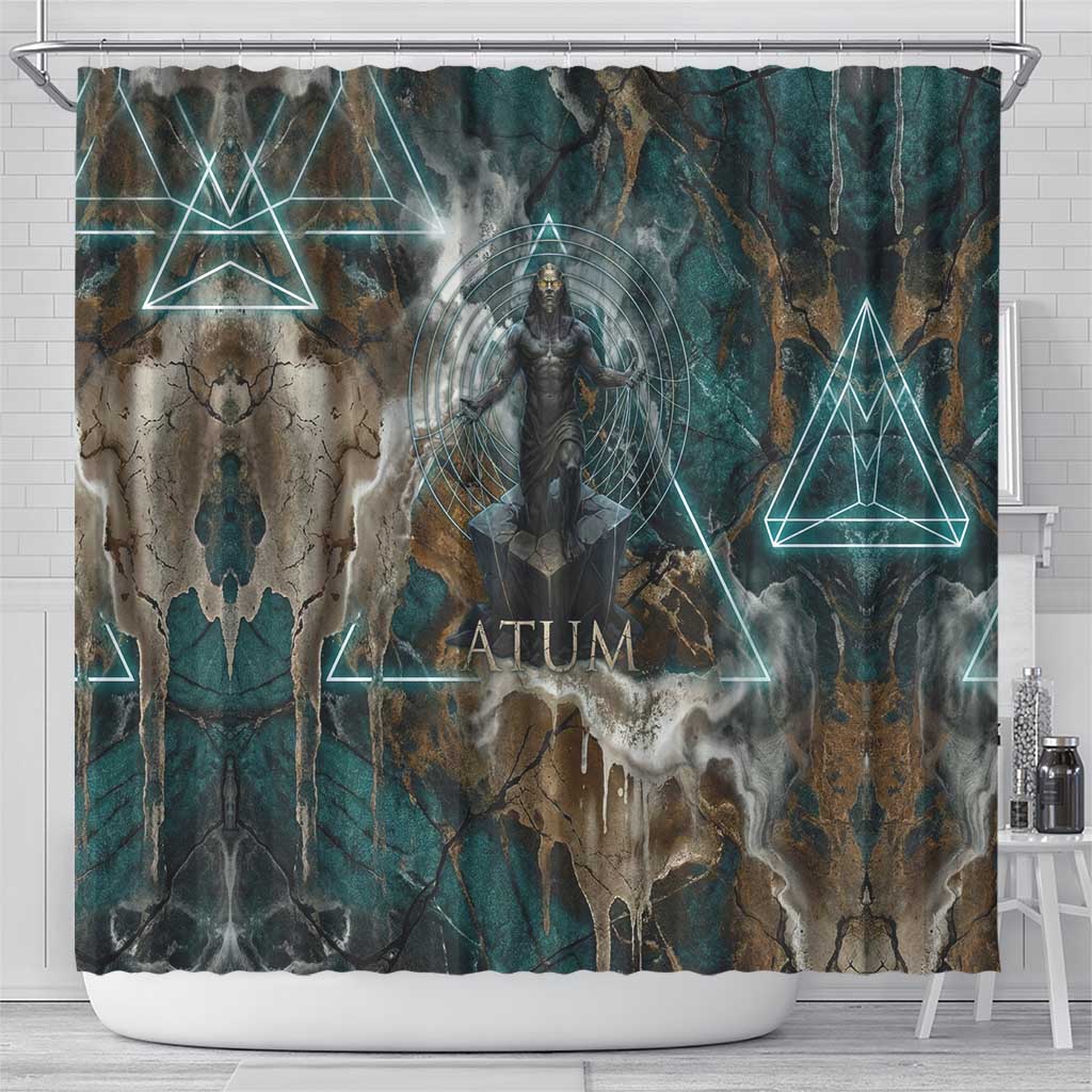 Atum Shower Curtain Ancient Egyptian Teal Marble Smoke, Solar Barque Crown, Creator Deity Statue - Wonder Print Shop