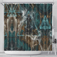 Atum Shower Curtain Ancient Egyptian Teal Marble Smoke, Solar Barque Crown, Creator Deity Statue - Wonder Print Shop