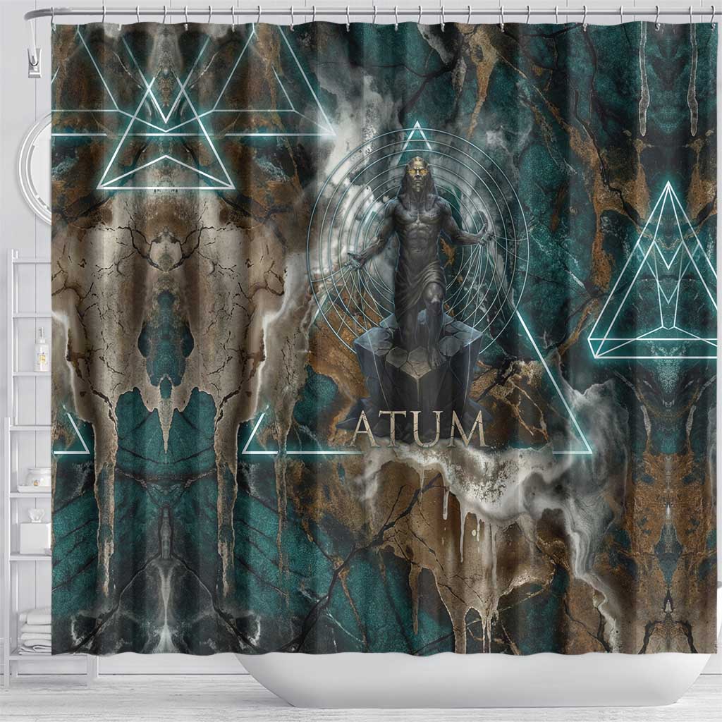 Atum Shower Curtain Ancient Egyptian Teal Marble Smoke, Solar Barque Crown, Creator Deity Statue - Wonder Print Shop