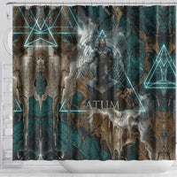 Atum Shower Curtain Ancient Egyptian Teal Marble Smoke, Solar Barque Crown, Creator Deity Statue - Wonder Print Shop