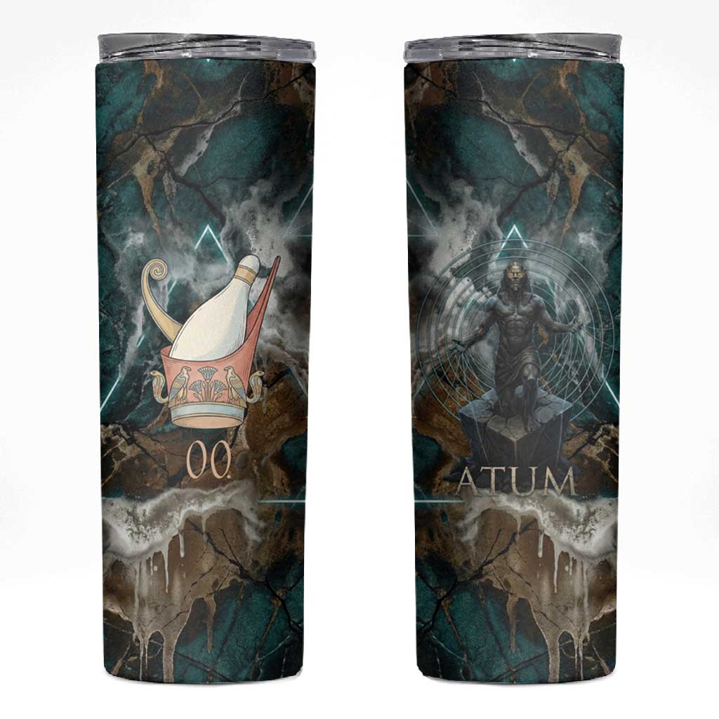 Atum Skinny Tumbler Ancient Egyptian Teal Marble Smoke, Solar Barque Crown, Creator Deity Statue - Wonder Print Shop