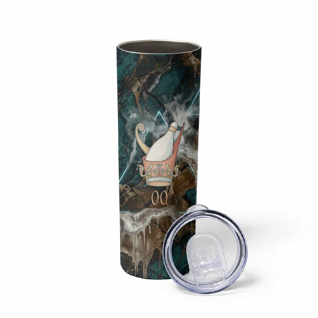 Atum Skinny Tumbler Ancient Egyptian Teal Marble Smoke, Solar Barque Crown, Creator Deity Statue - Wonder Print Shop