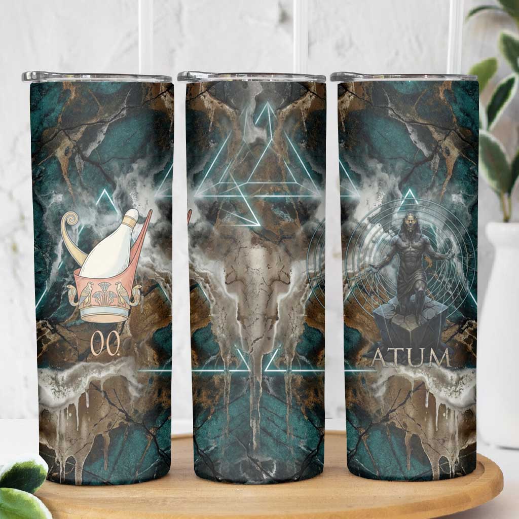 Atum Skinny Tumbler Ancient Egyptian Teal Marble Smoke, Solar Barque Crown, Creator Deity Statue - Wonder Print Shop
