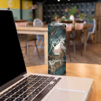 Atum Skinny Tumbler Ancient Egyptian Teal Marble Smoke, Solar Barque Crown, Creator Deity Statue - Wonder Print Shop