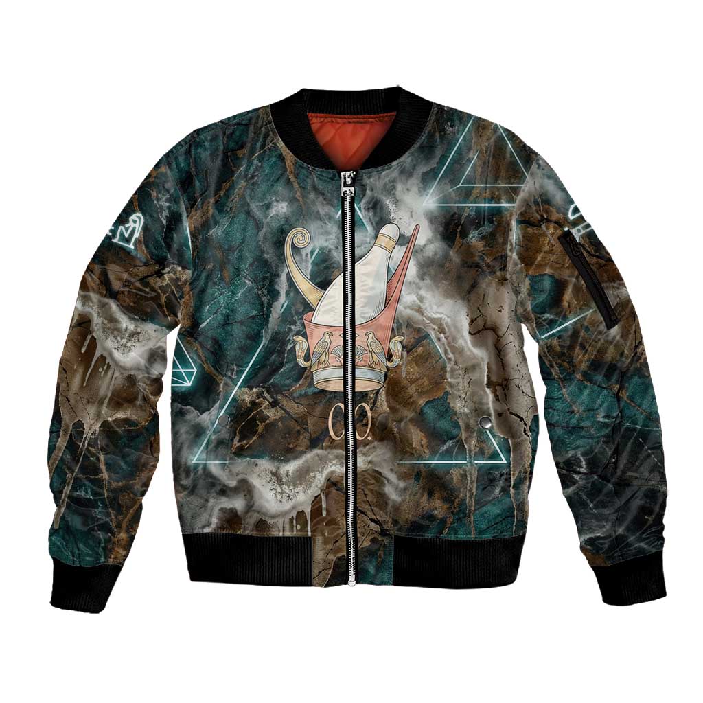 Atum Sleeve Zip Bomber Jacket Ancient Egyptian Teal Marble Smoke, Solar Barque Crown, Creator Deity Statue - Wonder Print Shop