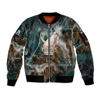 Atum Sleeve Zip Bomber Jacket Ancient Egyptian Teal Marble Smoke, Solar Barque Crown, Creator Deity Statue - Wonder Print Shop