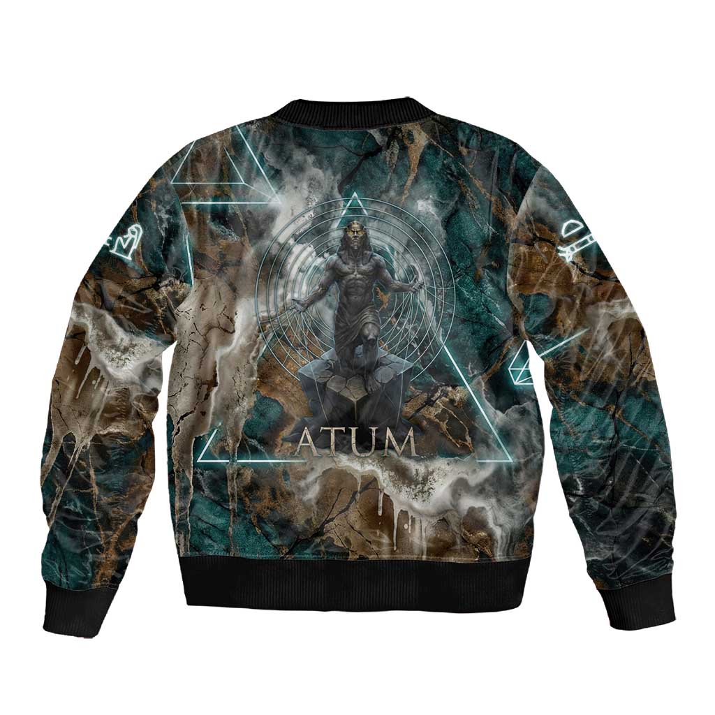 Atum Sleeve Zip Bomber Jacket Ancient Egyptian Teal Marble Smoke, Solar Barque Crown, Creator Deity Statue - Wonder Print Shop
