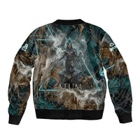 Atum Sleeve Zip Bomber Jacket Ancient Egyptian Teal Marble Smoke, Solar Barque Crown, Creator Deity Statue - Wonder Print Shop