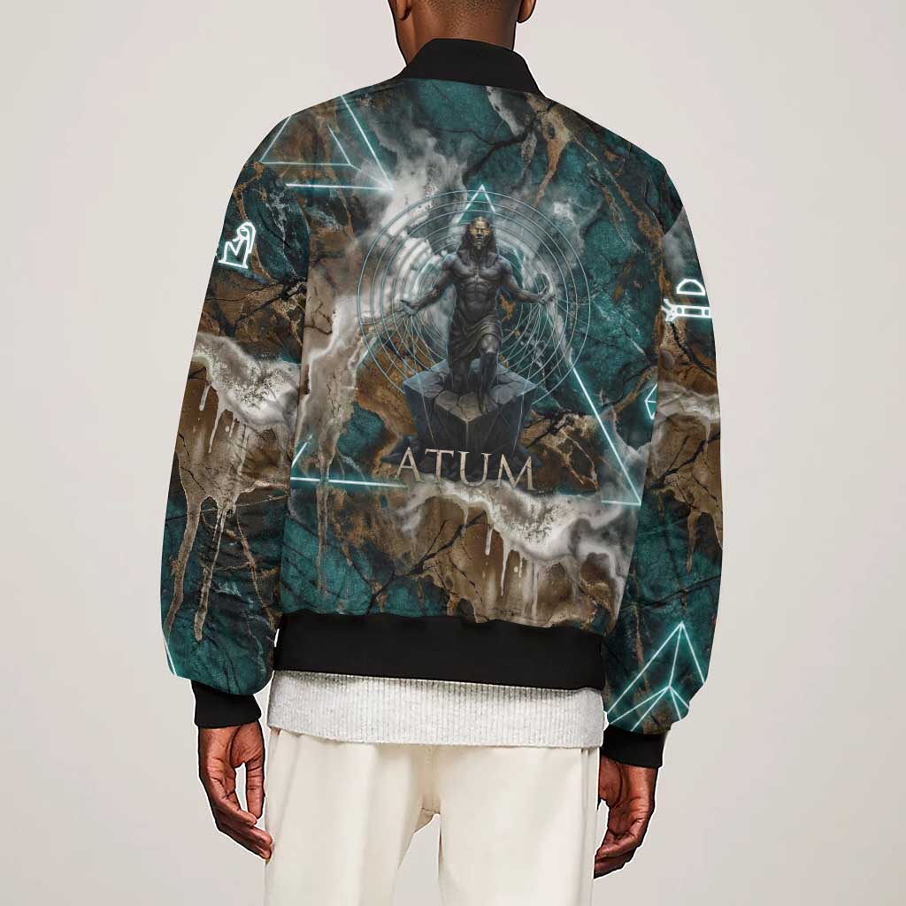 Atum Sleeve Zip Bomber Jacket Ancient Egyptian Teal Marble Smoke, Solar Barque Crown, Creator Deity Statue - Wonder Print Shop