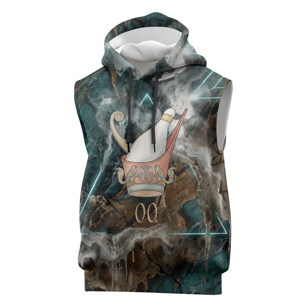 Atum Sleeveless Hoodie Ancient Egyptian Teal Marble Smoke, Solar Barque Crown, Creator Deity Statue - Wonder Print Shop