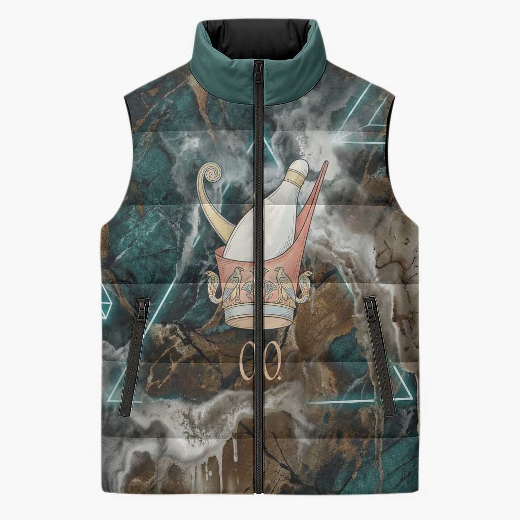 Atum Sleeveless Puffer Jacket Ancient Egyptian Teal Marble Smoke, Solar Barque Crown, Creator Deity Statue - Wonder Print Shop