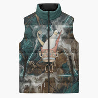 Atum Sleeveless Puffer Jacket Ancient Egyptian Teal Marble Smoke, Solar Barque Crown, Creator Deity Statue - Wonder Print Shop