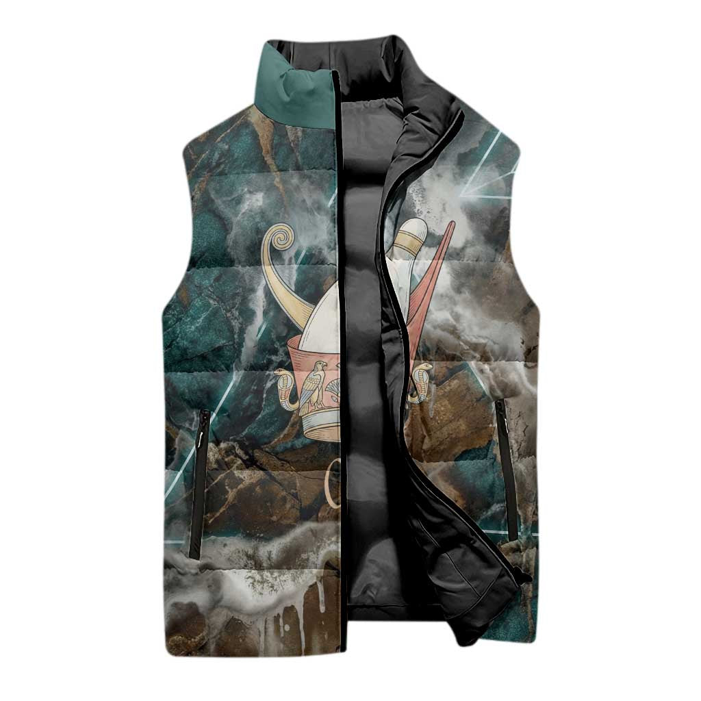 Atum Sleeveless Puffer Jacket Ancient Egyptian Teal Marble Smoke, Solar Barque Crown, Creator Deity Statue - Wonder Print Shop