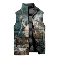 Atum Sleeveless Puffer Jacket Ancient Egyptian Teal Marble Smoke, Solar Barque Crown, Creator Deity Statue - Wonder Print Shop