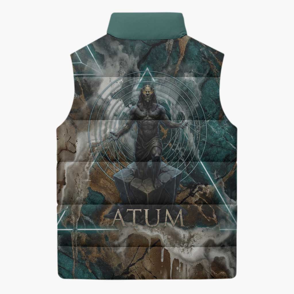 Atum Sleeveless Puffer Jacket Ancient Egyptian Teal Marble Smoke, Solar Barque Crown, Creator Deity Statue - Wonder Print Shop