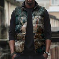 Atum Sleeveless Puffer Jacket Ancient Egyptian Teal Marble Smoke, Solar Barque Crown, Creator Deity Statue - Wonder Print Shop