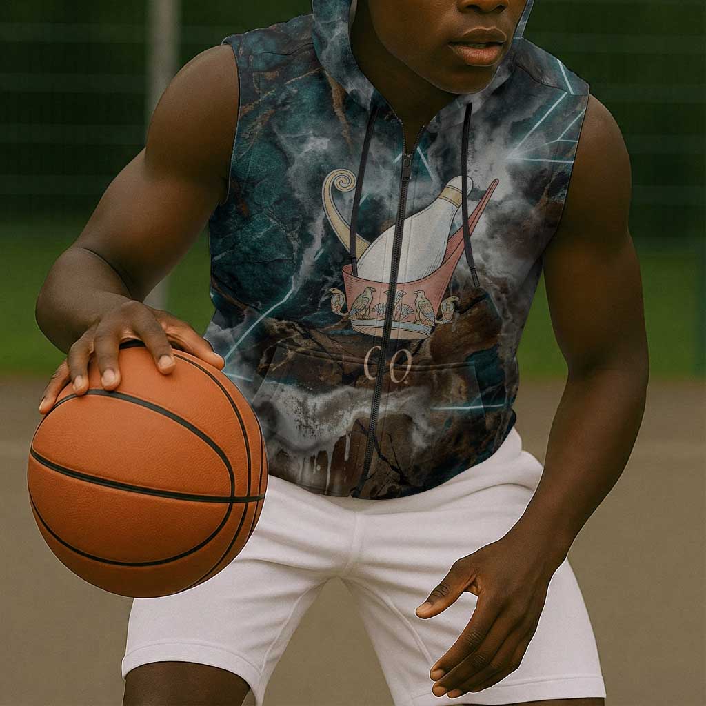 Atum Sleeveless Zip Hoodie Ancient Egyptian Teal Marble Smoke, Solar Barque Crown, Creator Deity Statue - Wonder Print Shop