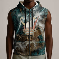 Atum Sleeveless Zip Hoodie Ancient Egyptian Teal Marble Smoke, Solar Barque Crown, Creator Deity Statue - Wonder Print Shop