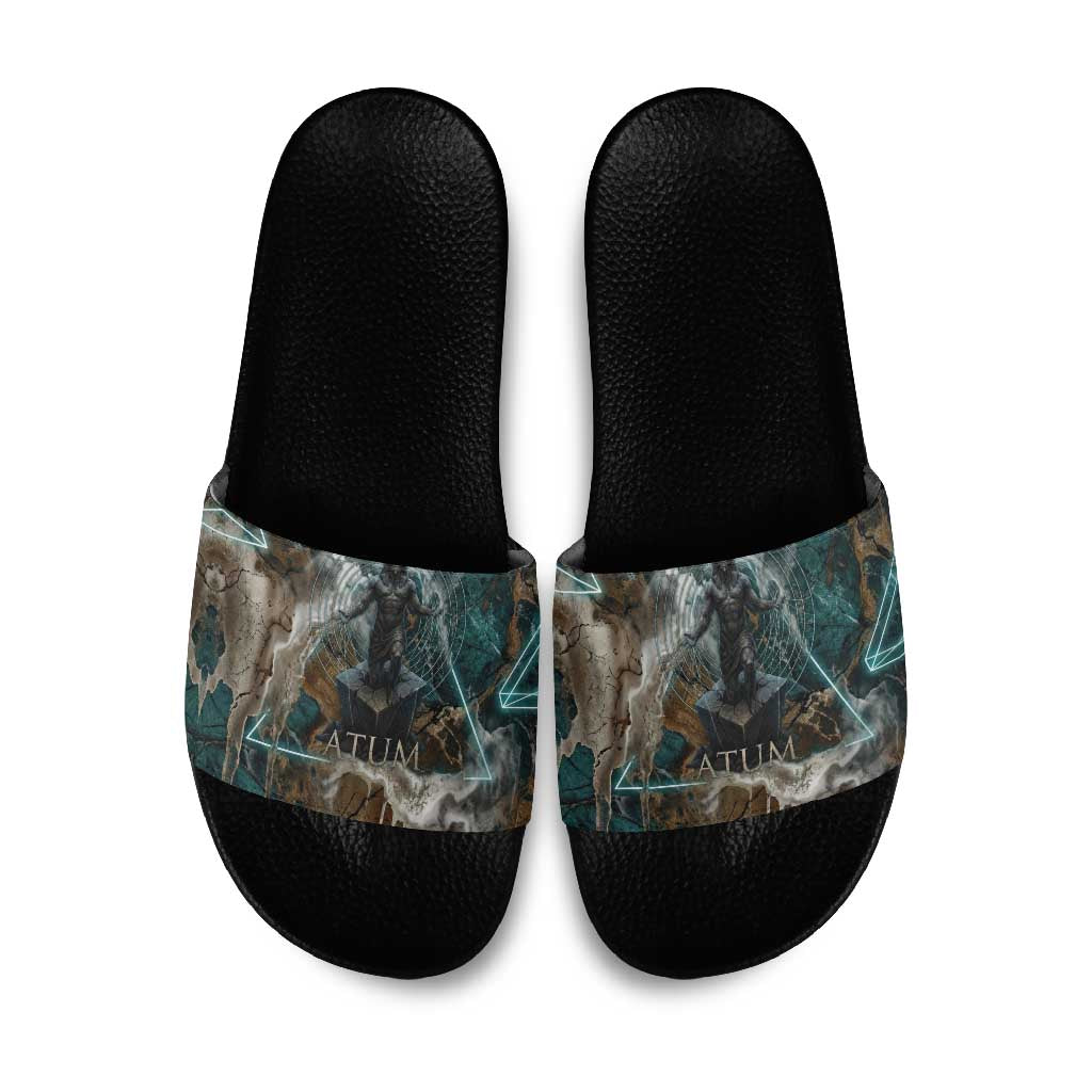 Atum Slide Sandals Ancient Egyptian Teal Marble Smoke, Solar Barque Crown, Creator Deity Statue - Wonder Print Shop