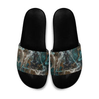 Atum Slide Sandals Ancient Egyptian Teal Marble Smoke, Solar Barque Crown, Creator Deity Statue - Wonder Print Shop