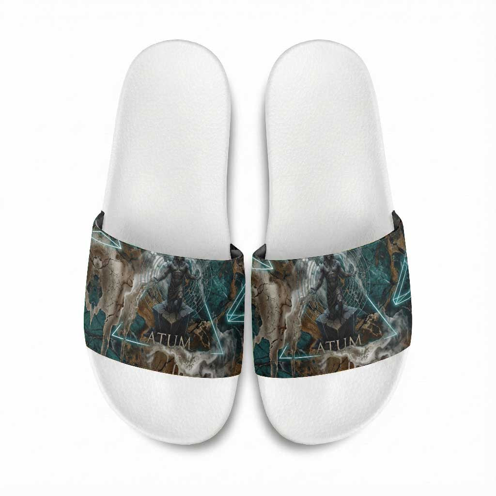 Atum Slide Sandals Ancient Egyptian Teal Marble Smoke, Solar Barque Crown, Creator Deity Statue - Wonder Print Shop