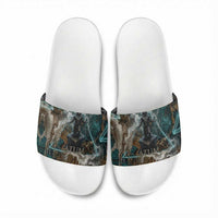 Atum Slide Sandals Ancient Egyptian Teal Marble Smoke, Solar Barque Crown, Creator Deity Statue - Wonder Print Shop