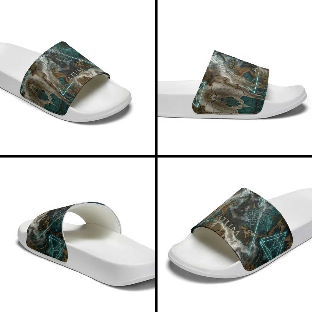 Atum Slide Sandals Ancient Egyptian Teal Marble Smoke, Solar Barque Crown, Creator Deity Statue - Wonder Print Shop
