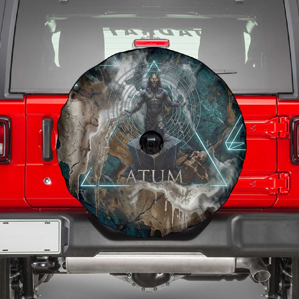 Atum Spare Tire Cover Ancient Egyptian Teal Marble Smoke, Solar Barque Crown, Creator Deity Statue - Wonder Print Shop