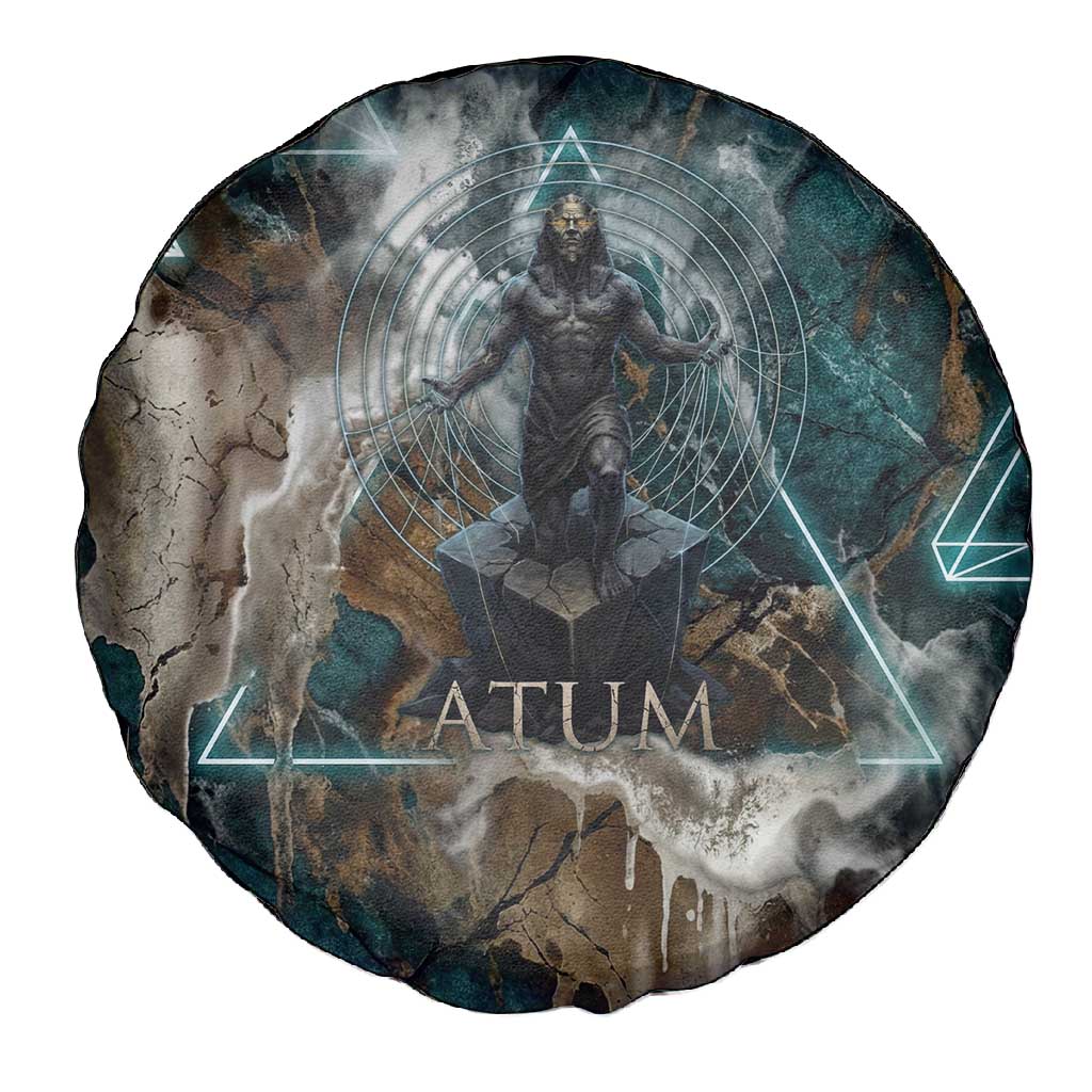 Atum Spare Tire Cover Ancient Egyptian Teal Marble Smoke, Solar Barque Crown, Creator Deity Statue - Wonder Print Shop